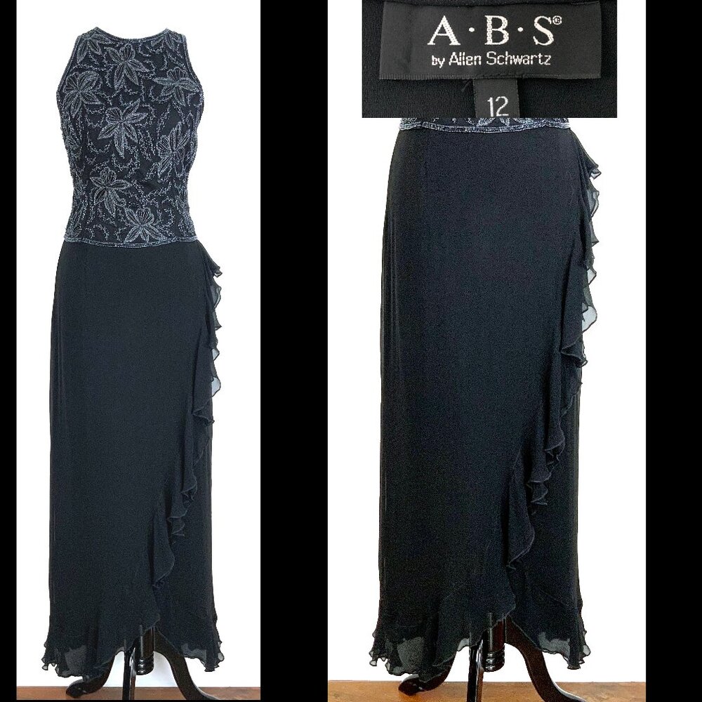 Vintage A.B.S. by Allen Schwartz Black Maxi Wrap Skirt Cascading Ruffles Sz 12